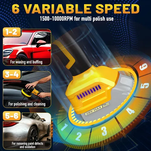 Vista 5 de 20V Cordless Buffer Polisher with 4000mAh Battery&Quick Charger - 10000RPM High Power 6-Speed Adjust Dual Action 6-Inch Powerful Car Buffer