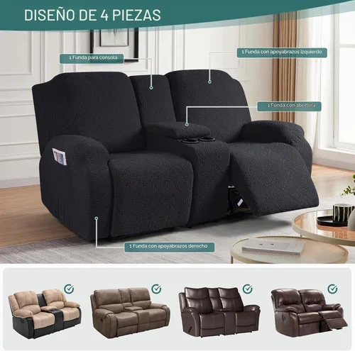 Vista 4 de Ruaozz - Fundas elásticas para sofá reclinable con consola de 4 piezas, con bolsillos, fundas de jacquard para sofá reclinable, protectores