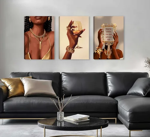 Vista 4 de RVETNGVM 3 piezas de arte de pared de niña negra, mujeres afroamericanas, cuadros abstractos de moda para niña, pinturas bohemias para sala