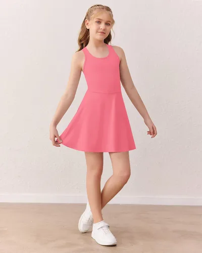 Vista 3 de Haloumoning Vestido de tenis sin mangas para niñas, vestido de golf con espalda cruzada para niños, vestido deportivo escolar con bolsillos cortos