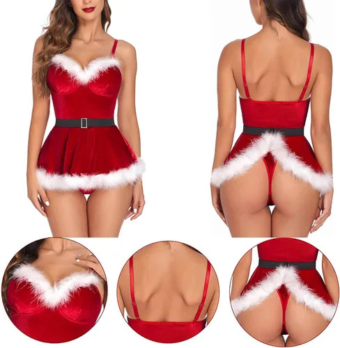 Vista 4 de YOOJIA Ropa interior de Navidad para mujer, sin mangas, de terciopelo, sexy, minivestido con bragas, cinturón, camisón de Santa