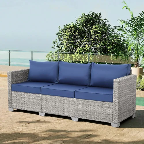 Vista 3 de WAROOM Sofá al aire libre de mimbre de 3 plazas, sofá de patio de ratán gris, muebles de balcón, asiento profundo, asiento de porche, cojín azul