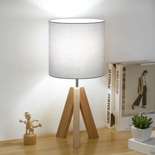 Vista 8 de Lámpara de mesa pequeña de madera, lámpara de mesa de trípode de madera con pantalla de tela blanca, linda lámpara de mesa boho minimalista