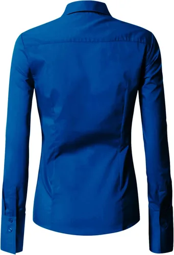 Vista 3 de EZEN - Blusa de manga larga, ajustada, elástica, con cuello de botones para mujer, para oficina, estilo formal, casual