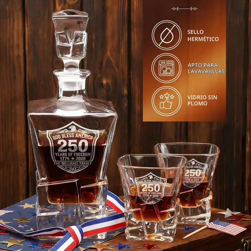 Vista 6 de Juego de decantador de whisky personalizado para el 250 aniversario Rocks, regalo de independencia de Estados Unidos 250 para hombres, nombre