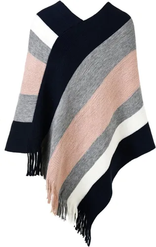 Vista 2 de Ferand - Poncho tejido elegante para mujer, con diseño de rayas y extremos con flecos