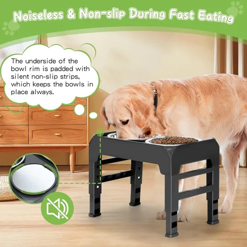Vista 11 de Tazones elevados con alturas ajustables, soporte elevado con 2 cuencos de acero inoxidable, comedero plegable antideslizante para perros medianos