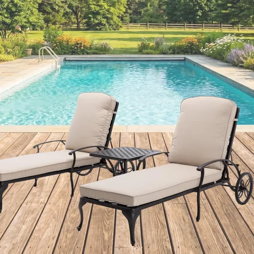 Vista 13 de Chaise Lounge - Silla de patio con ruedas, ajustable, reclinable, resistente al óxido, de aluminio fundido junto a la piscina, cojín beige