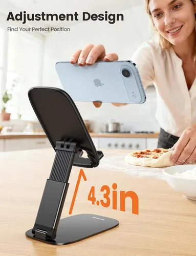 Vista 5 de Lamicall - Soporte de teléfono ultrafino para escritorio, soporte plegable para teléfono celular, altura ajustable, base pesada resistente, funda