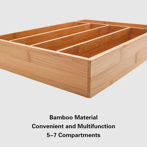 Vista 6 de Organizador de cajones de bambú, bandeja expandible para cubiertos, soporte ajustable para utensilios de 5 a 7 compartimentos, organizador de Madera