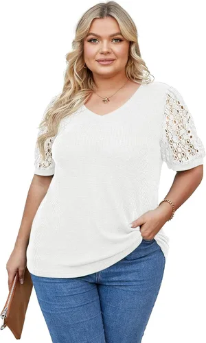 Vista 4 de OLRIK Plus Size Tops for Women Summer Blouse Waffle Knit Short Lace Sleeve Shirts