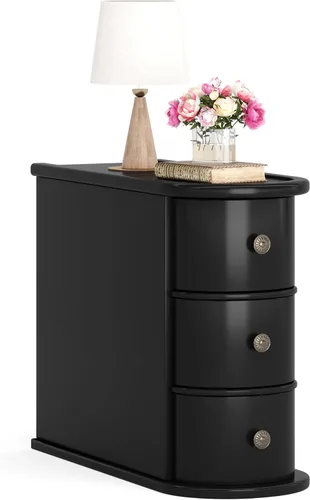 Vista 5 de Mesa auxiliar de madera con 2 cajones, no requiere montaje, mesa auxiliar estrecha para sofá para sala de estar, mesita de noche delgada vintage