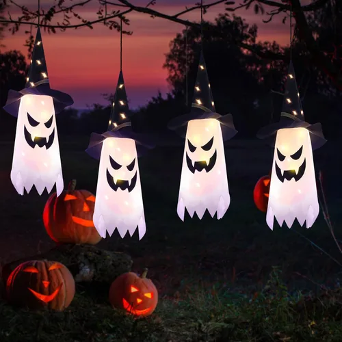 Vista 7 de Decoraciones de Halloween, sombrero de bruja fantasma brillante, cadena de luces de Halloween, decoración colgante para interiores y exteriores