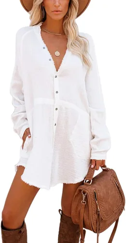 Vista 3 de iGENJUN Women's Long Sleeve Beach Cover-ups Button Down Oversized Tunic Dress Shirt Boho Dresses with Pockets