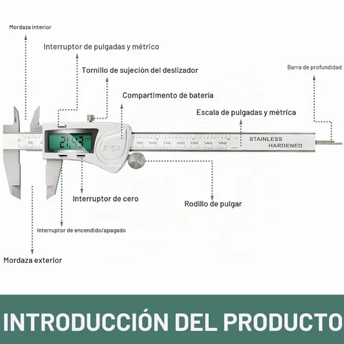 Vista 6 de Calibre digital electrónico de Vernier, herramienta de medición, micrometro electrónico impermeable IP54, calibre de vernier de acero inoxidable