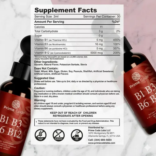 Vista 2 de Prime Code Gotas líquidas de vitamina B1 con vitamina B3 B6 y B12 Suplemento líquido del complejo B Suplemento de tiamina para adultos Alta