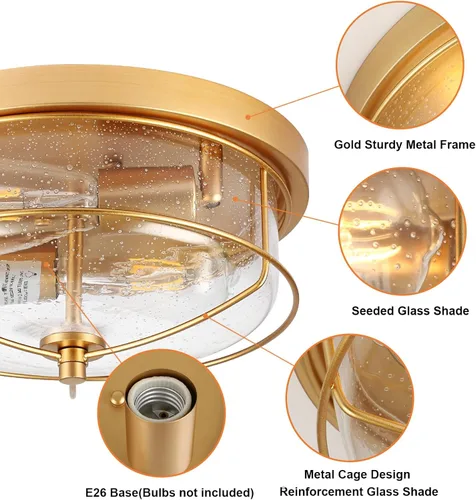 Vista 3 de Foucasal Lámpara de techo dorada de montaje empotrado con pantalla de vidrio semillado, moderna e industrial para exteriores e interiores, 2 luces