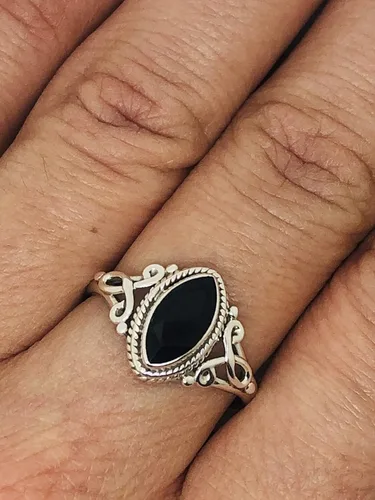 Vista 6 de Cut Marquise Black Onyx Ethnic Delicate Ring 925 Sterling Silver Vintage Tribal Gipsy Boho Look