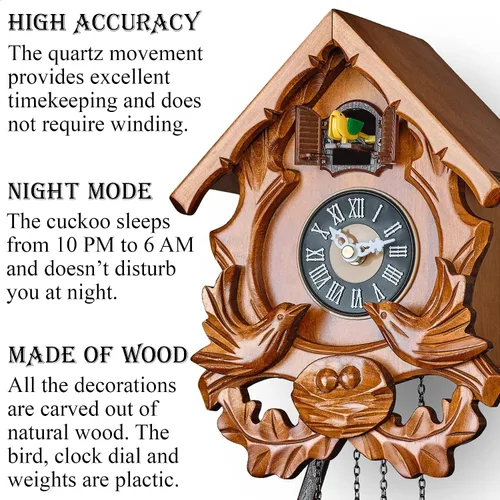 Vista 2 de TIMEGEAR Reloj de cuco con modo nocturno, pájaro cantante y decoraciones de madera tallada (cereza)