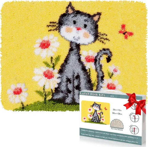 Vista 14 de EsLuker.ly Kit de Alfombra de Ganchillo de Pestillo DIY Alfombra de Crochet para Principiantes, Patrones de Gatos Lienzo Preimpreso Kits de Gatos