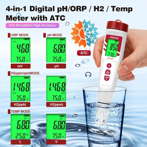 Vista 2 de Probador de agua de hidrógeno, medidor de ORP GIDIGI - Medidor digital de pH para probar agua potable, detector electrónico de temperatura de pH PPM
