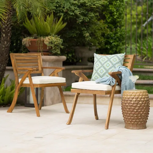 Vista 2 de Christopher Knight Home Hermosa - Juego de 2 sillas de madera de acacia para exteriores, acabado de teca y crema