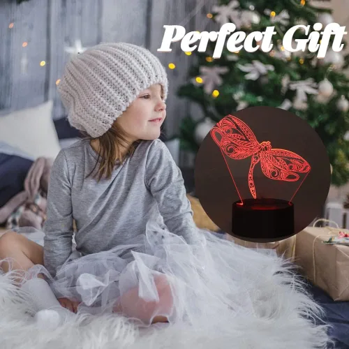 Vista 4 de Luz nocturna 3D con ilusión 3D, 7 cambios de color, acrílico transparente, libélula 3D, luz nocturna LED para dormitorio, regalo de cumpleaños