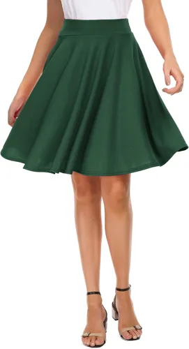 Vista 12 de EXCHIC Falda básica para mujer, estilo patinadora, casual, elástica, plisada, minifalda con vuelo midi de línea A 10