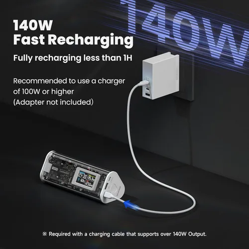 Vista 6 de SHARGEEK 170 Power Bank, Cargador Portátil de Alta Capacidad Total de 170 W y 24,000 mAh con Pantalla Inteligente, Paquete de Batería IP66 de 140 W