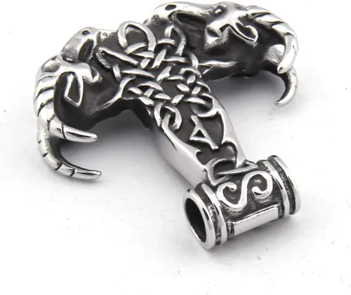 Vista 2 de BAVIPOWER Collar de martillo de Thors con cabeza de cabra vikingo de carnero, collar de martillo de Thors de acero inoxidable, joyería pagana