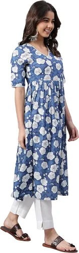 Vista 5 de Janasya Indian Women's Dark Blue Cotton Floral Print Flared Kurta