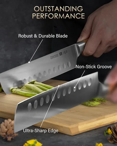 Vista 6 de Mitsuharu Cuchillo Nakiri de 7 pulgadas, cuchillo para verduras serie SHOMAN, hoja afilada, mango ergonómico de madera de olivo, cuchillo de carne