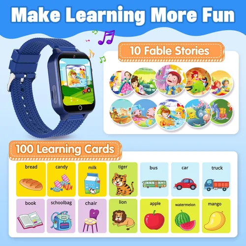 Vista 6 de Reloj inteligente para niños de 5 a 12 años, reloj para niños con 26 juegos, cámara, reproductor de música, podómetro, seguimiento de hábitos, Azul