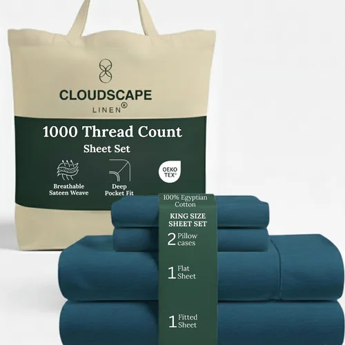 Vista 10 de Cloud Scape Linen - Juego de sábanas de algodón egipcio de doble capa, tamaño individual, tejido de satén de fibra larga, juego de 3 piezas, ropa