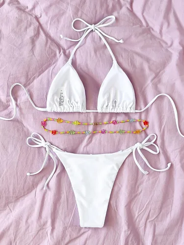 Vista 2 de SHENHE Conjunto de bikini sexy de 2 piezas para mujer, traje de baño triangular con lazo lateral