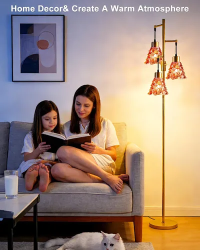 Vista 3 de Lámpara de pie moderna de cristal de 3 luces, lámpara alta de pie dorada con pantalla de vidrio de piña roja profunda, lámpara de pie LED regulable