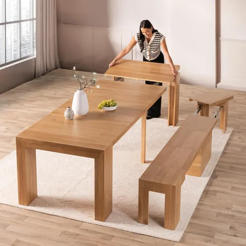 Vista 21 de Transformer Table - Mesa de comedor extensible de madera maciza, asientos 2-12, mesa de comedor expandible, muebles que ahorran espacio, muebles