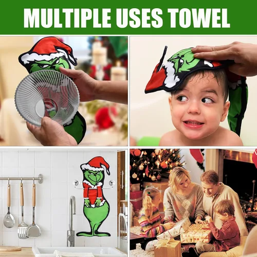 Vista 5 de Divertidas toallas de mano de Navidad 2 en 1 para baño y cocina, toallas colgantes para gancho y toallero, paños decorativos de Feliz Navidad