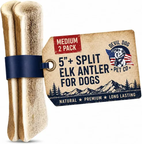 Vista 20 de Devil Dog Pet Co. Cuernos de alce divididos para perros, masticables naturales para perros con médula expuesta, larga duración y sin olor