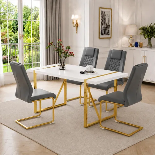 Vista 22 de Juego de mesa de comedor moderna de 55 pulgadas para 4, mesa de comedor negra y marco de metal dorado, mesa de comedor rectangular con 4 sillas