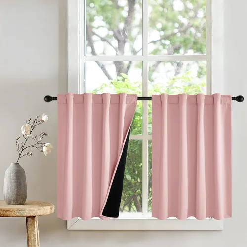 Vista 34 de PONY DANCE Cortinas opacas 100% cortas de 24 pulgadas de largo, medias cortinas con aislamiento térmico para ventanas pequeñas con parte trasera