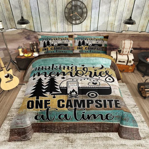 Vista 23 de Juego de ropa de cama con temática de cámper, juego de edredón de cabaña de madera marrón y verde, tamaño matrimonial, 3 piezas, decoración de Multi