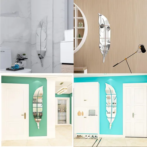 Vista 2 de Juego de 2 calcomanías de acrílico 3D para decoración de pared, con forma de plumas plateadas, calcomanías de arte de pared autoadhesivas