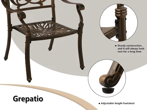 Vista 5 de TITIMO Juego de comedor de 5 piezas de aluminio fundido para patio al aire libre, 4 sillas con patrón y mesa redonda de 35.4 pulgadas, juego de Sin