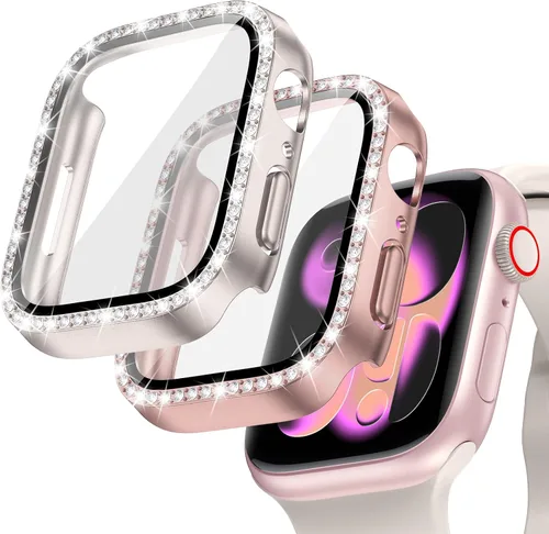 Vista 24 de Goton - Pack de 2 Fundas Bling para Apple Watch con Protector de Pantalla 40mm SE 3/2/1, Series 6/5/4, Funda con Purpurina para Mujer con Diamantes