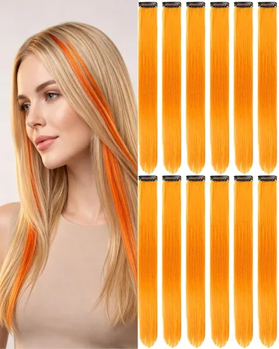 Vista 15 de 12 extensiones de cabello negro con clip, extensiones de cabello de color de 22 pulgadas, extensiones de cabello sintético largo y lacio para mujer