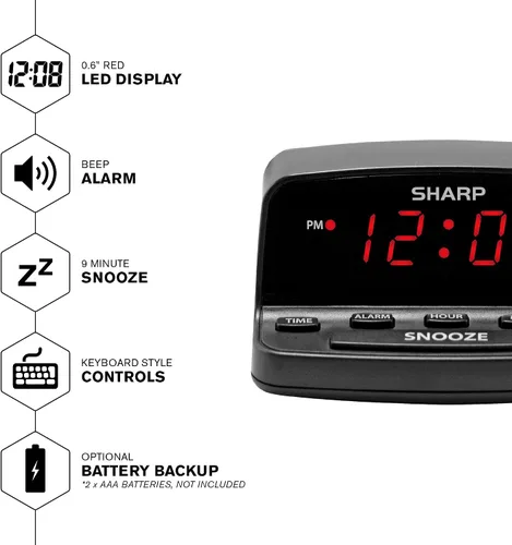 Vista 3 de Sharp Reloj despertador digital con controles de estilo de teclado, respaldo de batería, fácil de usar con operación simple, caja negra con pantalla