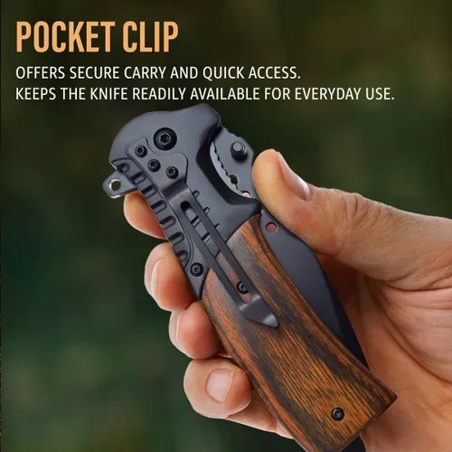 Vista 8 de Cuchillo de bolsillo para hombres con mango de madera, rompedor de vidrio y clip de bolsillo, hoja afilada de 3.66 pulgadas, cuchillos plegables 1.