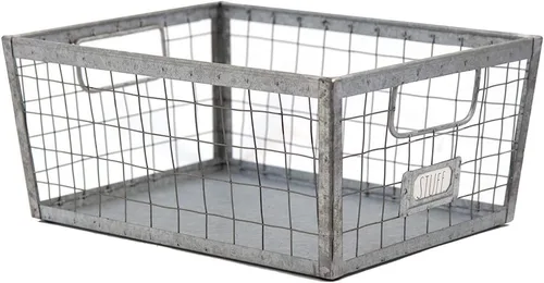 Vista 2 de Rae Dunn Cesta de almacenamiento de alambre, organizador de acero galvanizado y madera maciza, contenedor decorativo con dos asas y ranura