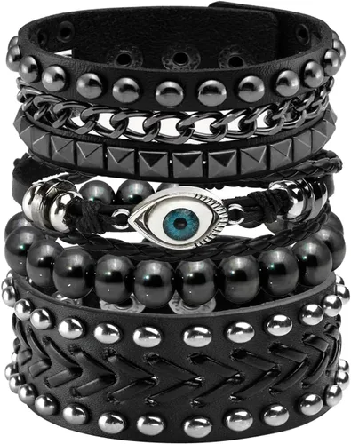 Vista 9 de Eigso Juego de pulsera punk de cuero negro para hombres y mujeres clásicas Vintgae tachonadas con picos de los años 80 para hombre y mujer